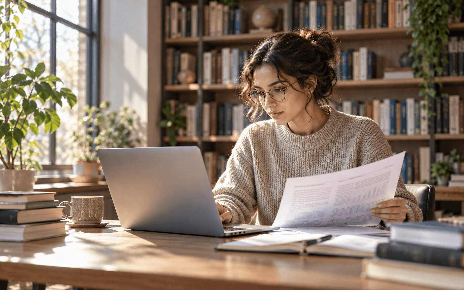 A researcher reviewing a paper while working at a laptop